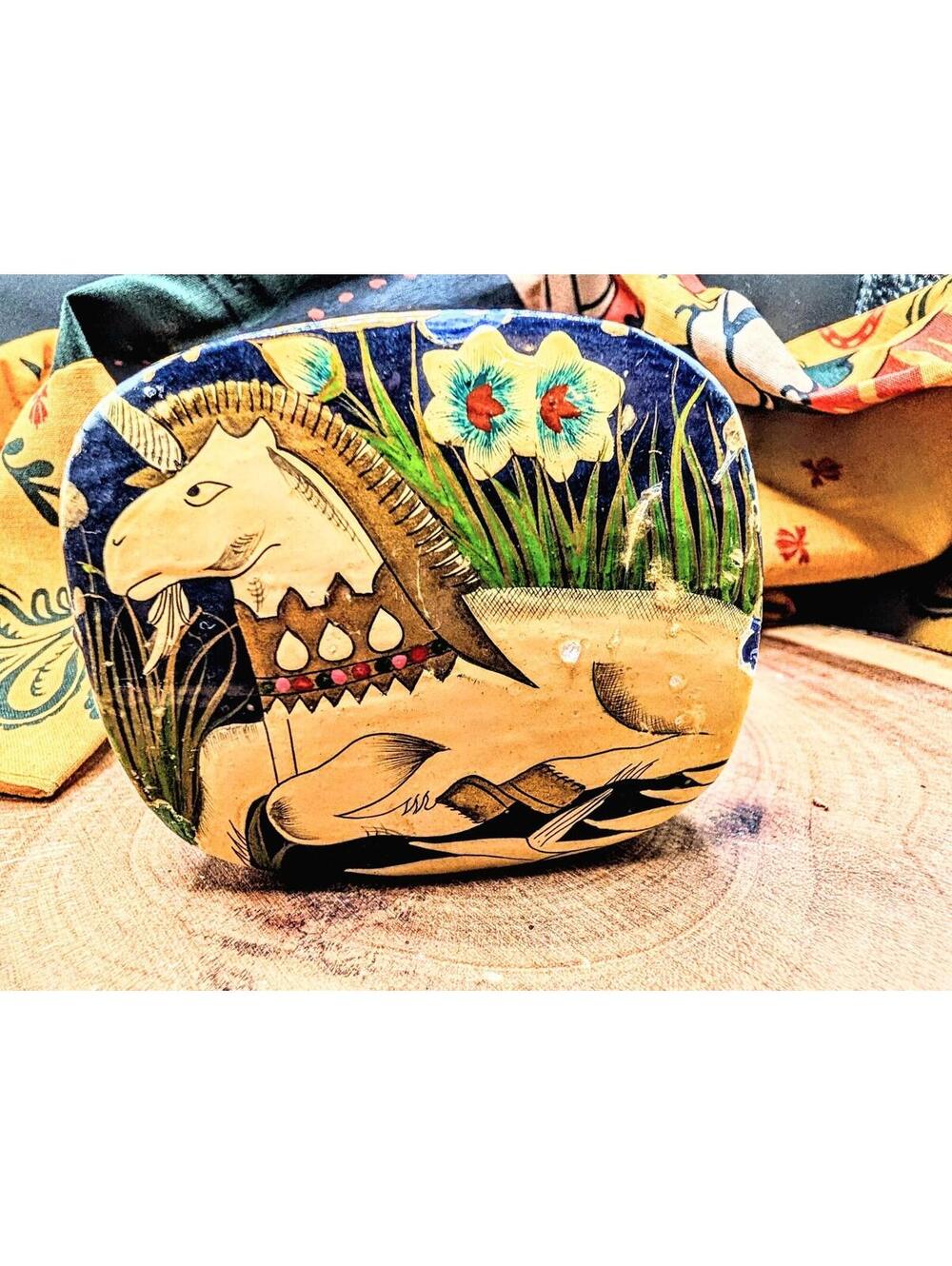 Handmade Kashmir India Laquered Box w/ Lid Hand Painted Unicorn Mid 20th Century